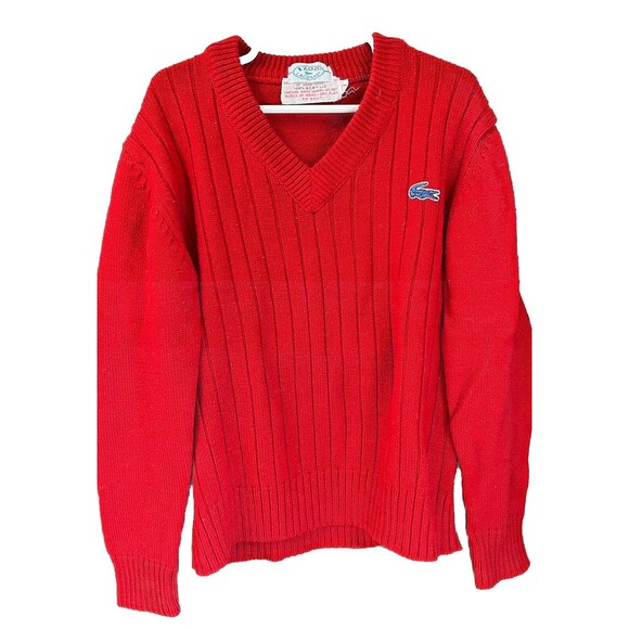 Vtg 70s 80s Izod Lacoste Sweater Alligator Acrylic V-Neck Red Boys 8/10 Ribbed - Picture 1 of 4
